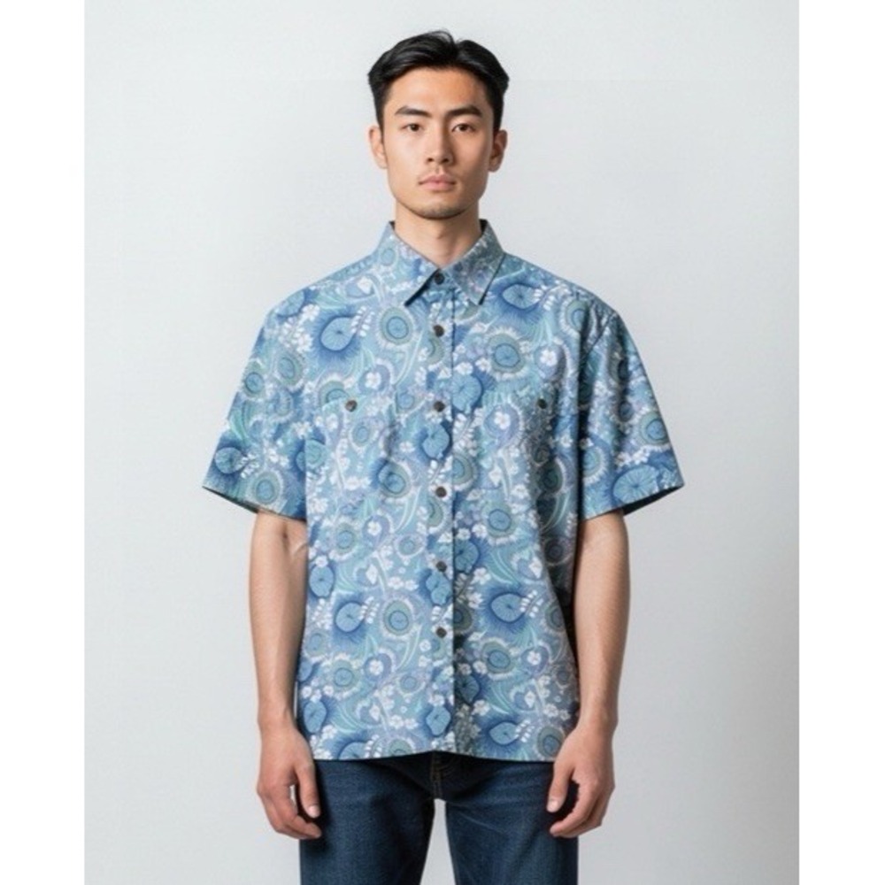Patagonia Men's M Back Step Shirt SS Blue Beach Print Hemp Organic Cotton EUC